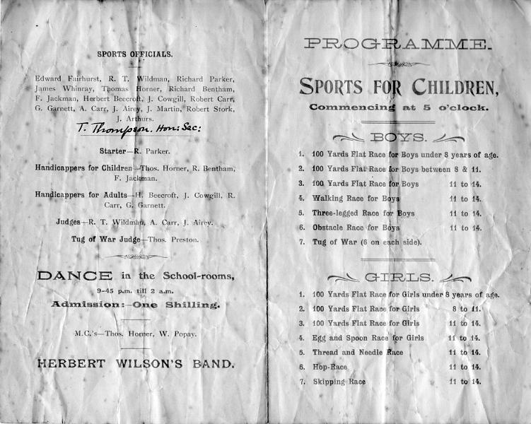 Peace Festivities 1919 p2-3.JPG - Peace Festivities in Long Preston - July 18th 1919 -   Children's Sport and Dance  